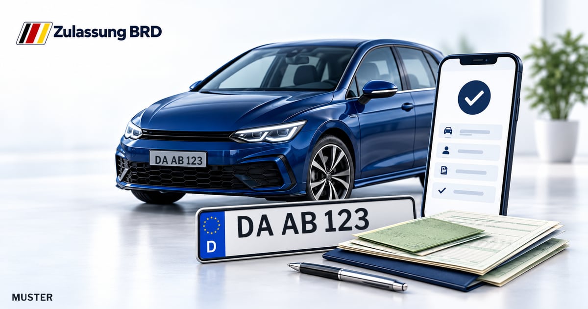 Online Fahrzeugzulassung in Groß-Umstadt: Musterkennzeichen DA AB 123, Auto und Fahrzeugpapiere und Smartphone. Illustration mit Logo von Zulassung BRD.